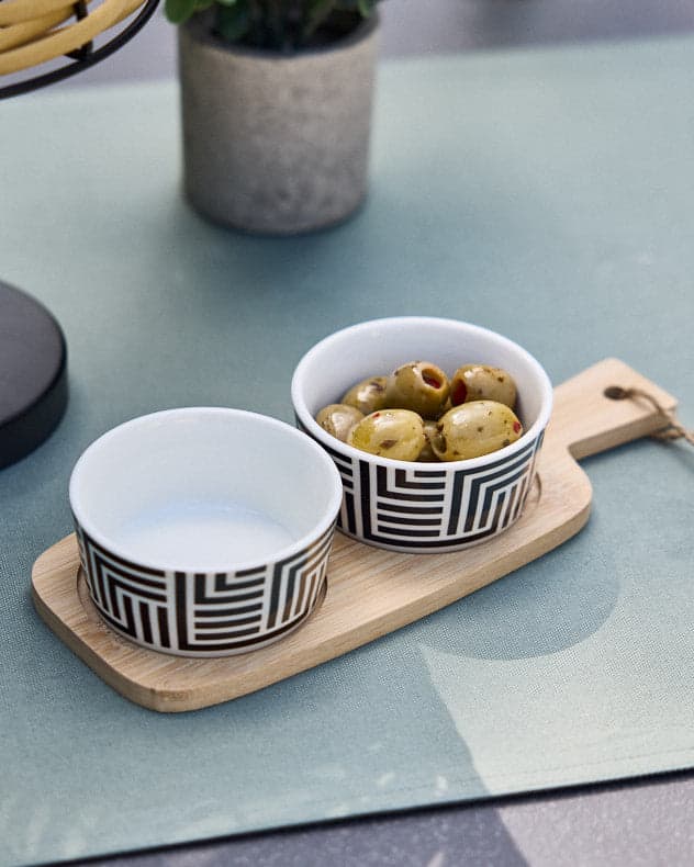 Set Of Two Ceramic Bowls And Wooden Tray